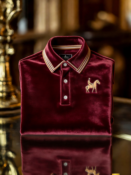 Men's Velvet Business Logo Print Long Sleeve Polo Shirt