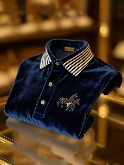 Men's Velvet Business Logo Print Long Sleeve Polo Shirt