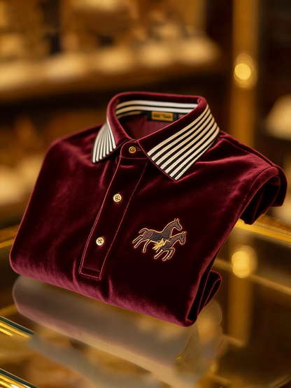 Men's Velvet Business Logo Print Long Sleeve Polo Shirt