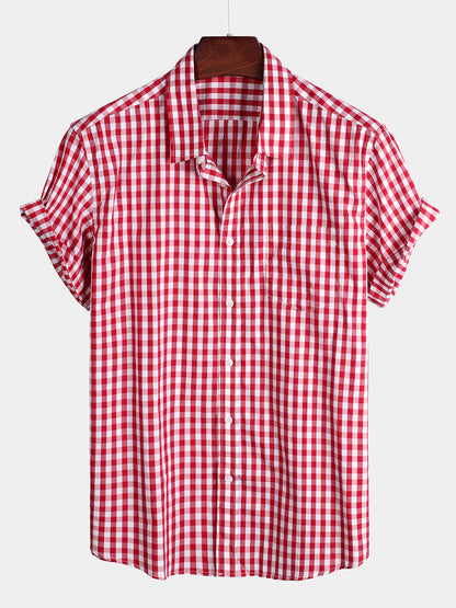 Men's Plaid Cotton Casual Solid Color Pocket Summer Holiday Button Up Short Sleeve Shirt
