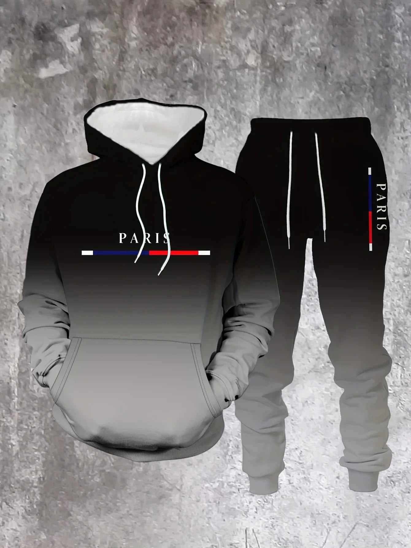 Gradient Color Paris Tracksuit Outfit Men's Street Fashion 3D Print Sport Hoodie 2-Piece Autumn/Winter Sweatshirt Sweatpants Set