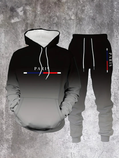Gradient Color Paris Tracksuit Outfit Men's Street Fashion 3D Print Sport Hoodie 2-Piece Autumn/Winter Sweatshirt Sweatpants Set
