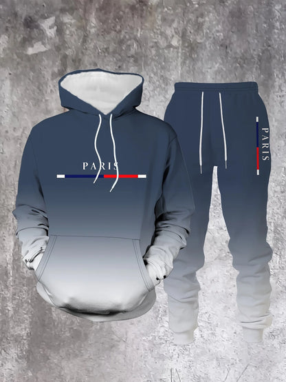 Gradient Color Paris Tracksuit Outfit Men's Street Fashion 3D Print Sport Hoodie 2-Piece Autumn/Winter Sweatshirt Sweatpants Set