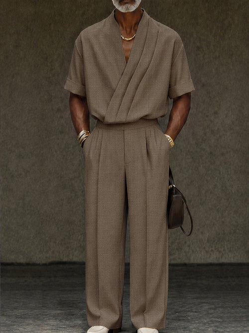 Contemporary Pleated Cross Placket Shirt Pants Set