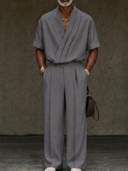 Contemporary Pleated Cross Placket Shirt Pants Set