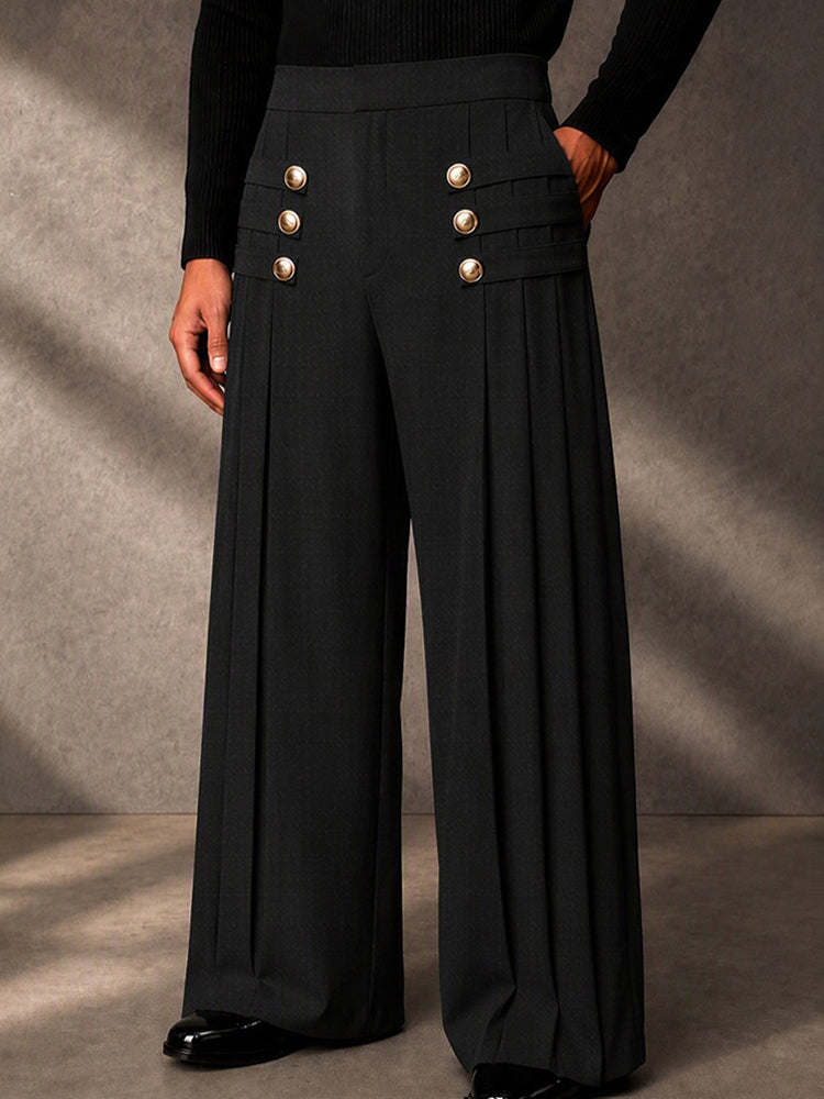 Refined Button Decor Front Pleats Suit Pants