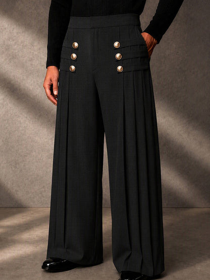 Refined Button Decor Front Pleats Suit Pants