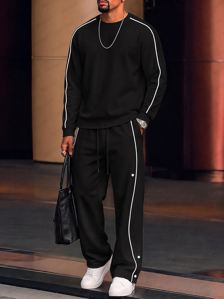 Casual Contrast Piping Sweatshirt Pants Set