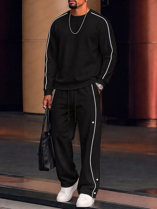 Casual Contrast Piping Sweatshirt Pants Set