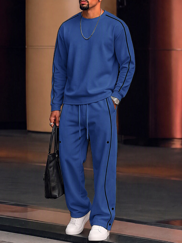 Casual Contrast Piping Sweatshirt Pants Set
