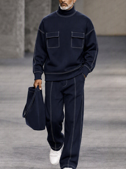 Casual Contrast Piping Turtleneck Sweatshirt Set