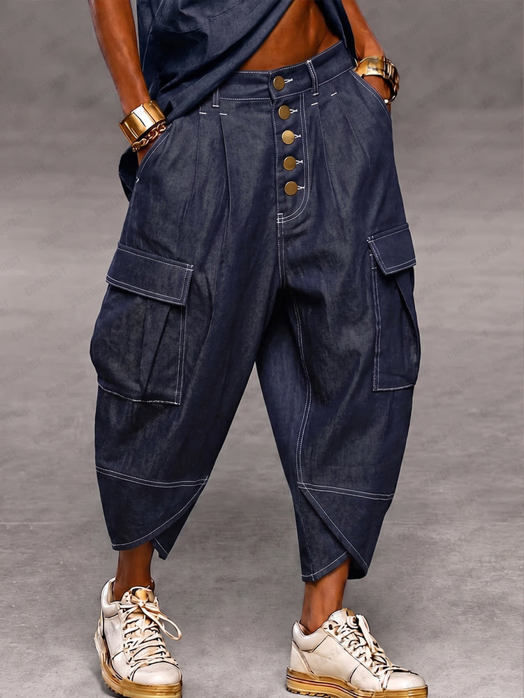 Casual Faux Denim Cargo Harem Pants