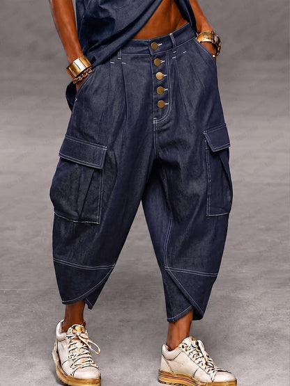 Casual Faux Denim Cargo Harem Pants