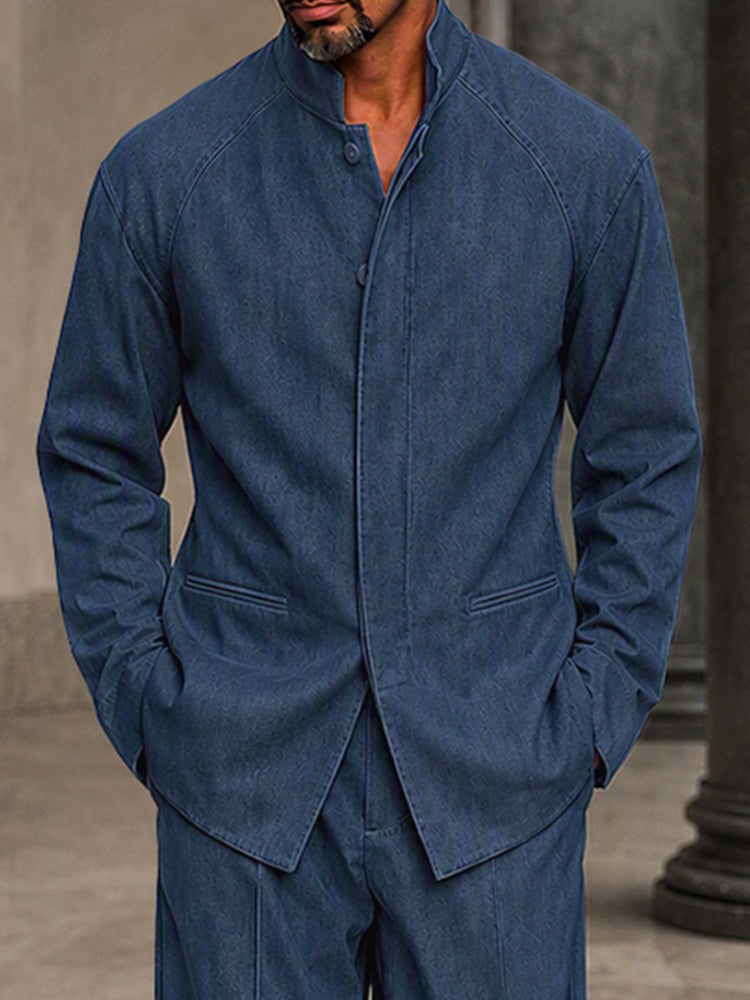 Stylish Faux Denim Hidden Placket Jacket Set
