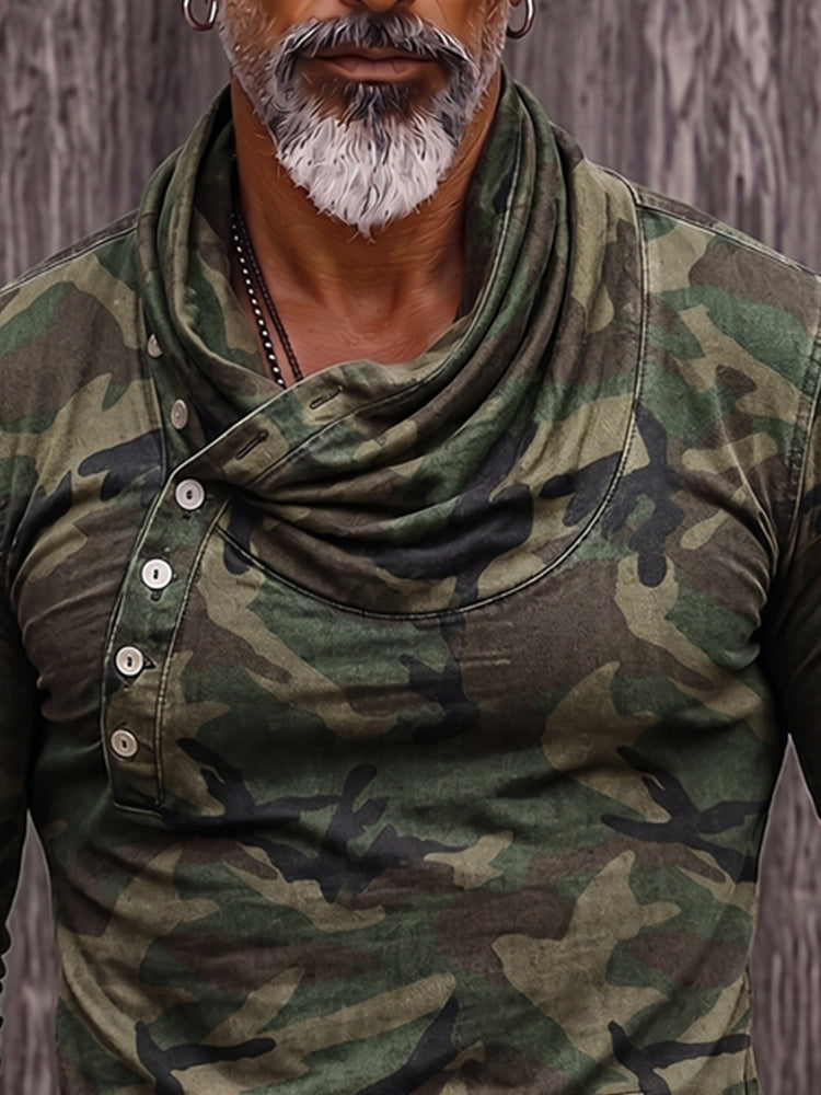 Stylish Camouflage Print Cowl Neck Pullover Top