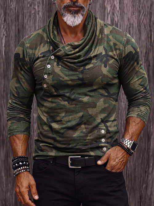 Stylish Camouflage Print Cowl Neck Pullover Top