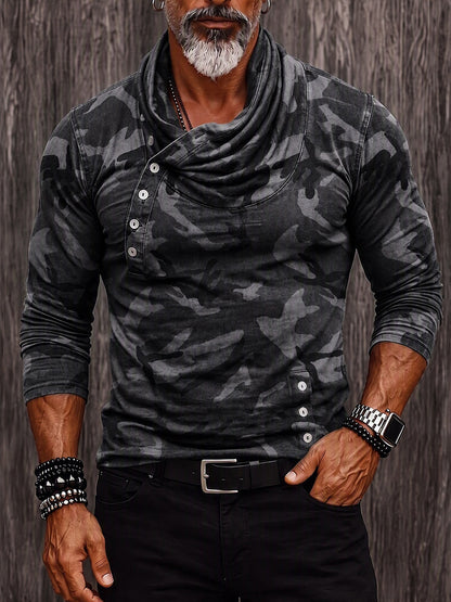 Stylish Camouflage Print Cowl Neck Pullover Top