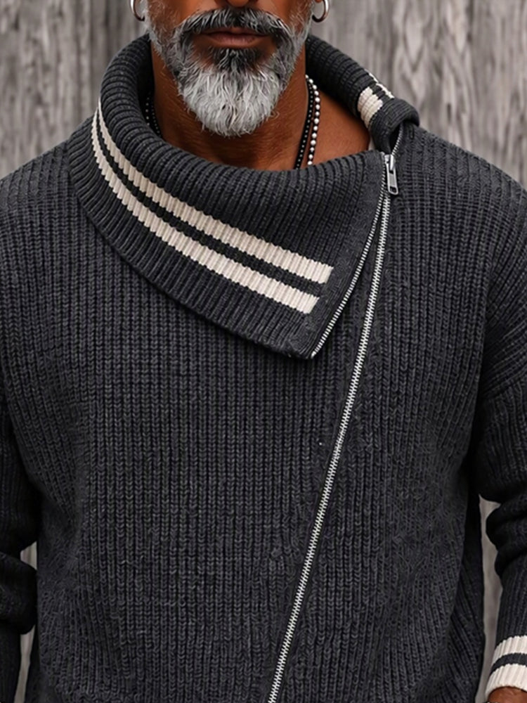 Casual Diagonal Zipper Placket Colorblock Sweater