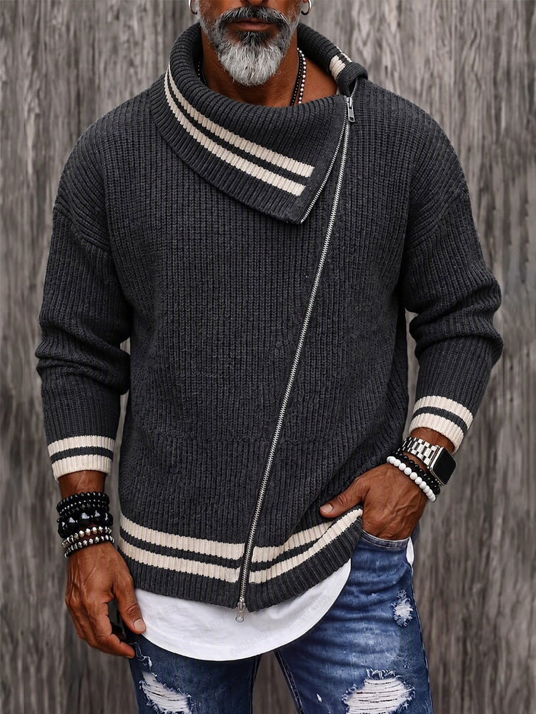 Casual Diagonal Zipper Placket Colorblock Sweater
