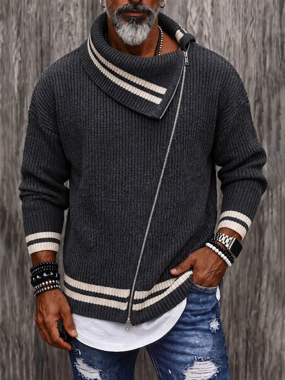 Casual Diagonal Zipper Placket Colorblock Sweater