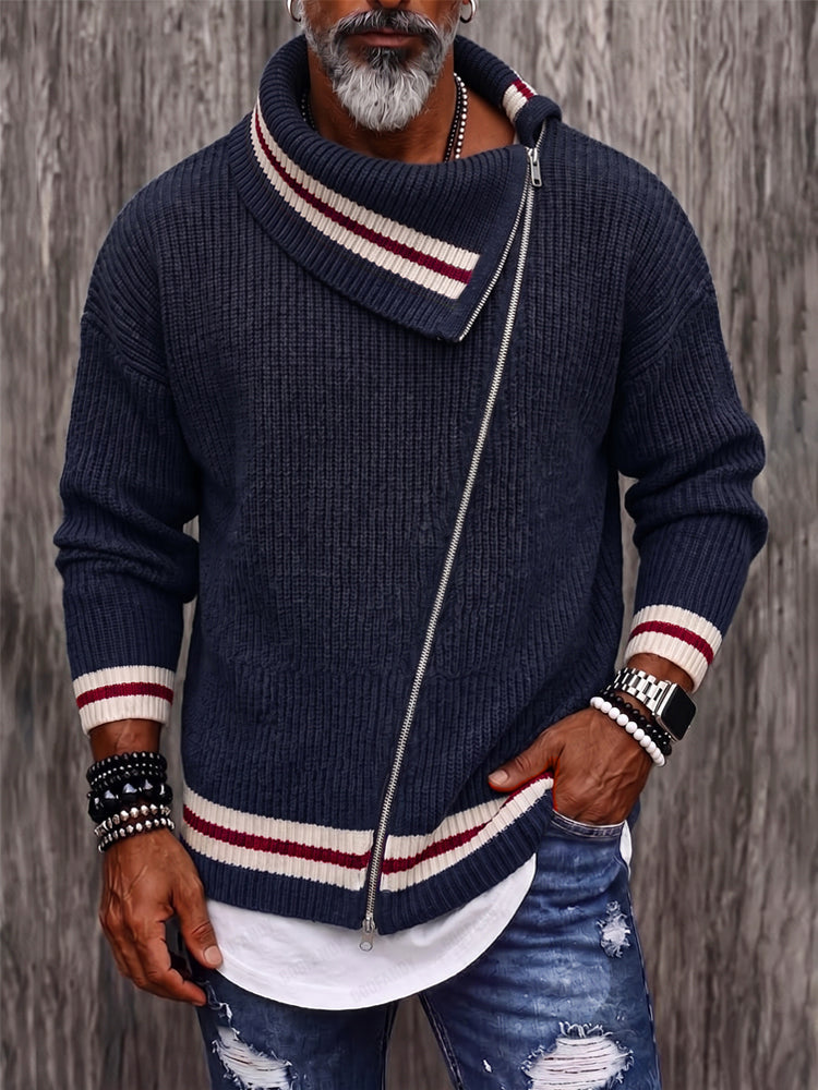 Casual Diagonal Zipper Placket Colorblock Sweater
