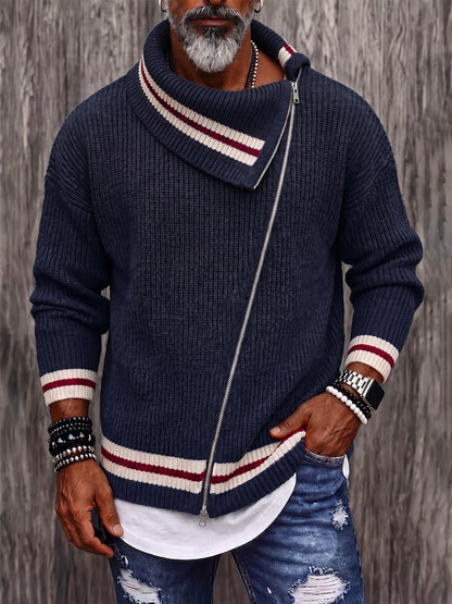 Casual Diagonal Zipper Placket Colorblock Sweater