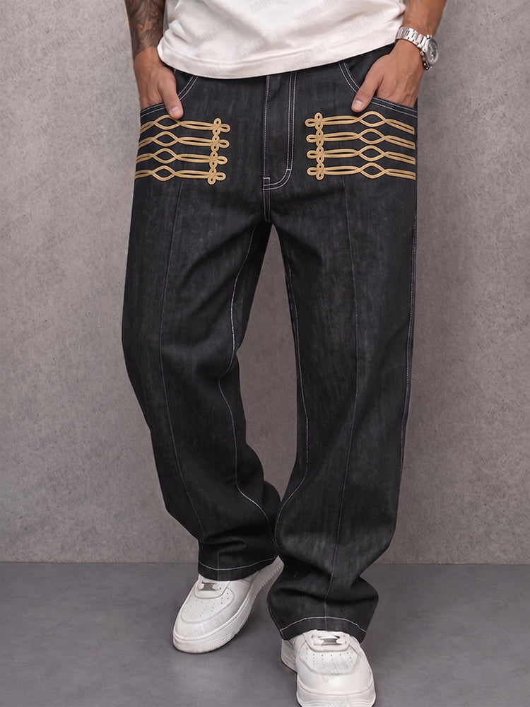 Casual Gold Frogged Detail Faux Denim Pants