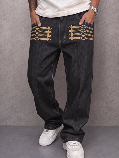 Casual Gold Frogged Detail Faux Denim Pants