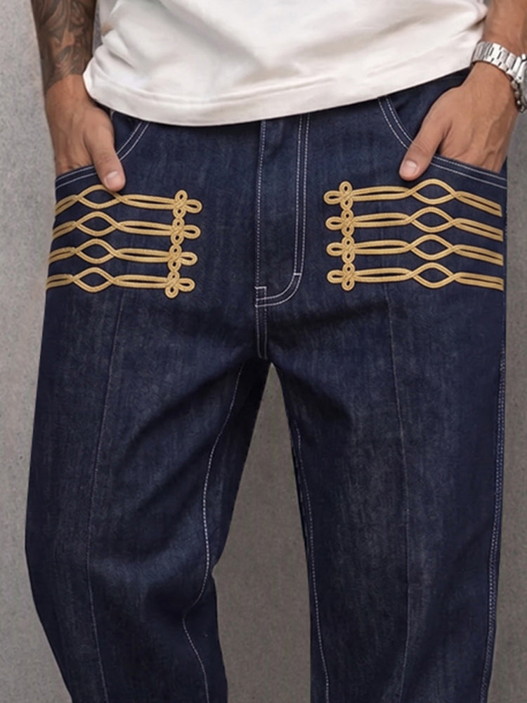 Casual Gold Frogged Detail Faux Denim Pants