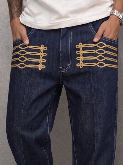 Casual Gold Frogged Detail Faux Denim Pants