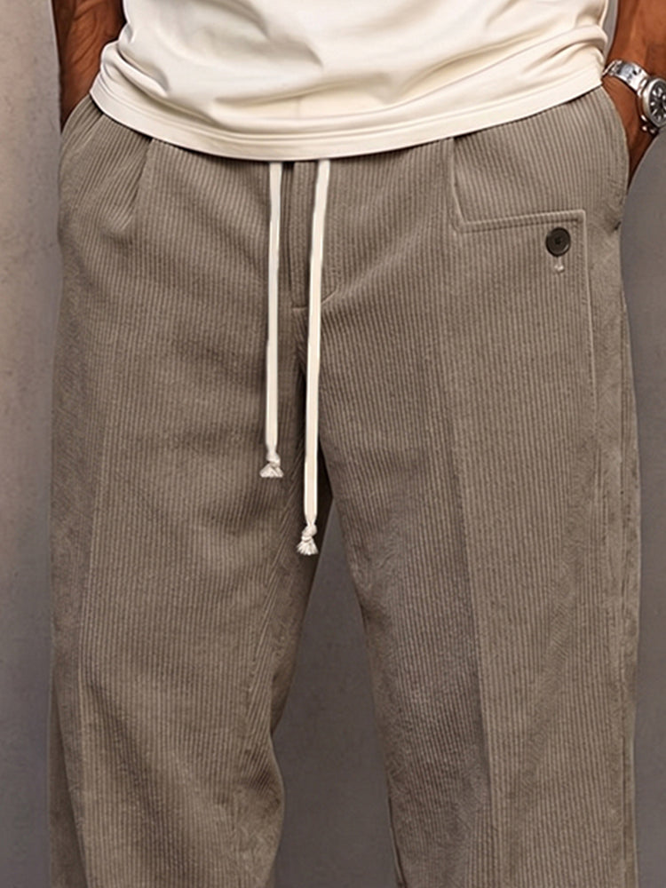 Casual Straight Cut Drawstring Corduroy Pants