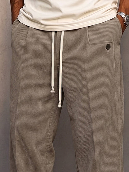 Casual Straight Cut Drawstring Corduroy Pants