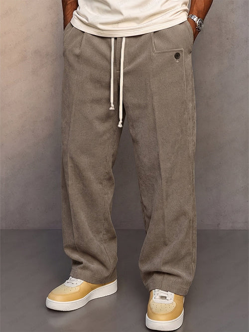 Casual Straight Cut Drawstring Corduroy Pants