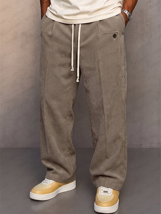 Casual Straight Cut Drawstring Corduroy Pants