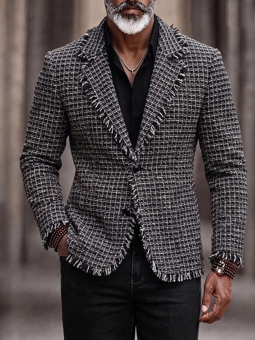 Modern Frayed Detail Plaid Tweed Blazer