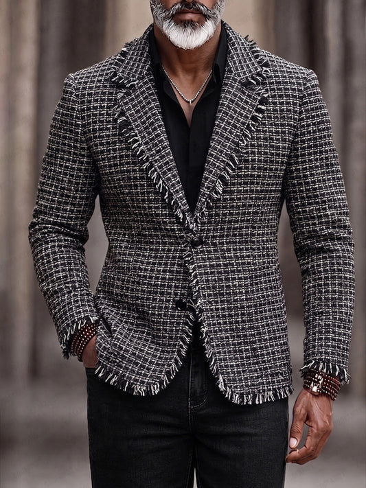 Modern Frayed Detail Plaid Tweed Blazer