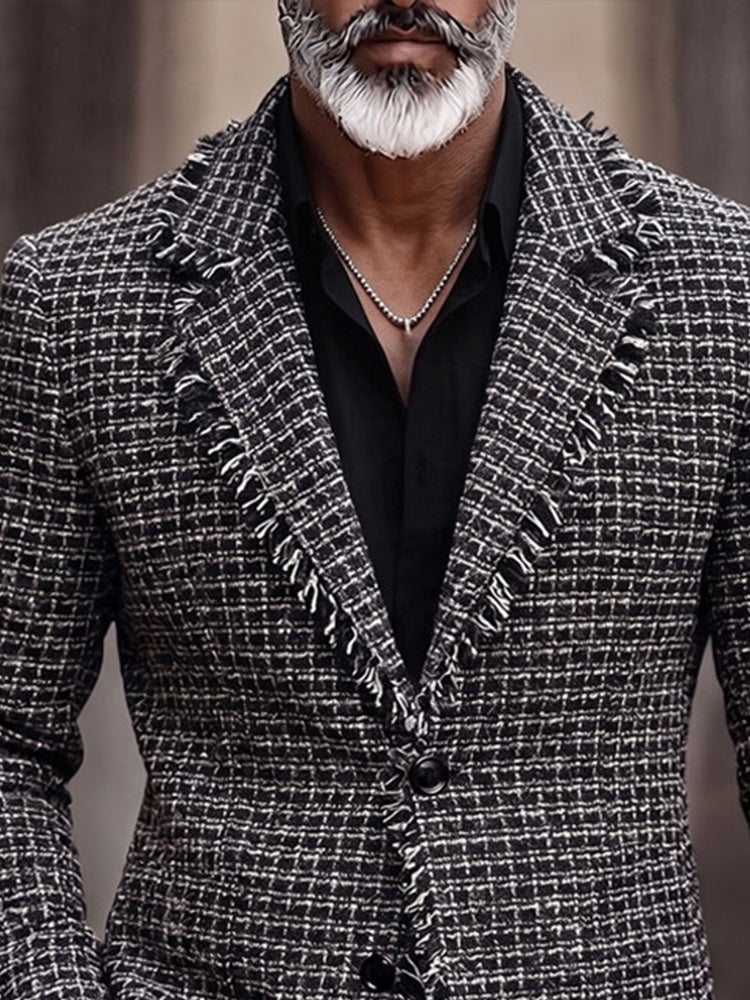 Modern Frayed Detail Plaid Tweed Blazer