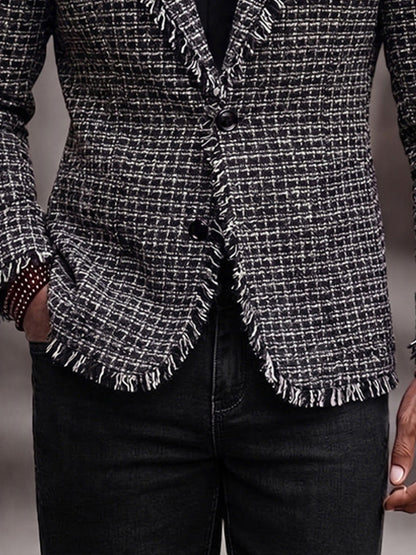 Modern Frayed Detail Plaid Tweed Blazer