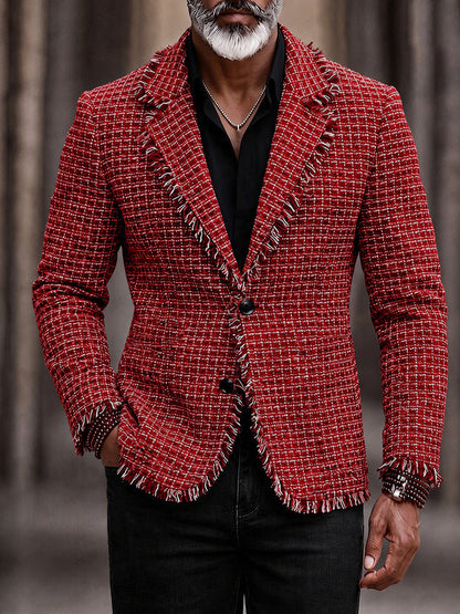 Modern Frayed Detail Plaid Tweed Blazer