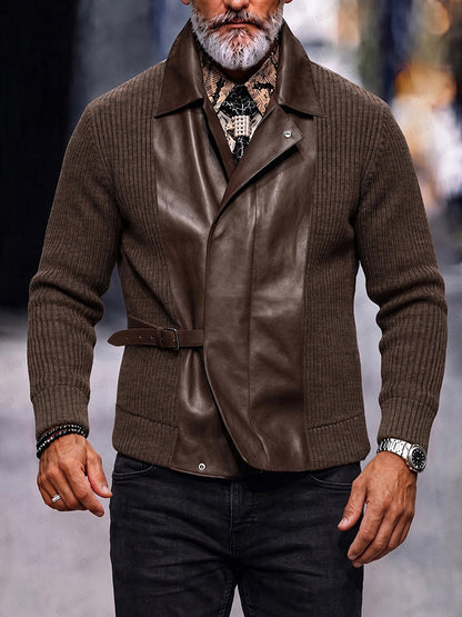 Retro Faux Leather Patchwork Cardigan Jacket