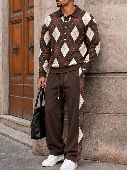 Casual Argyle Polo Sweater and Pants Set