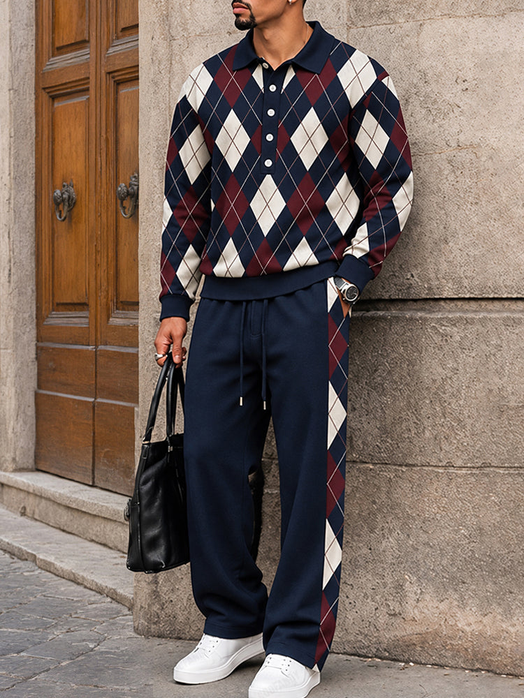 Casual Argyle Polo Sweater and Pants Set