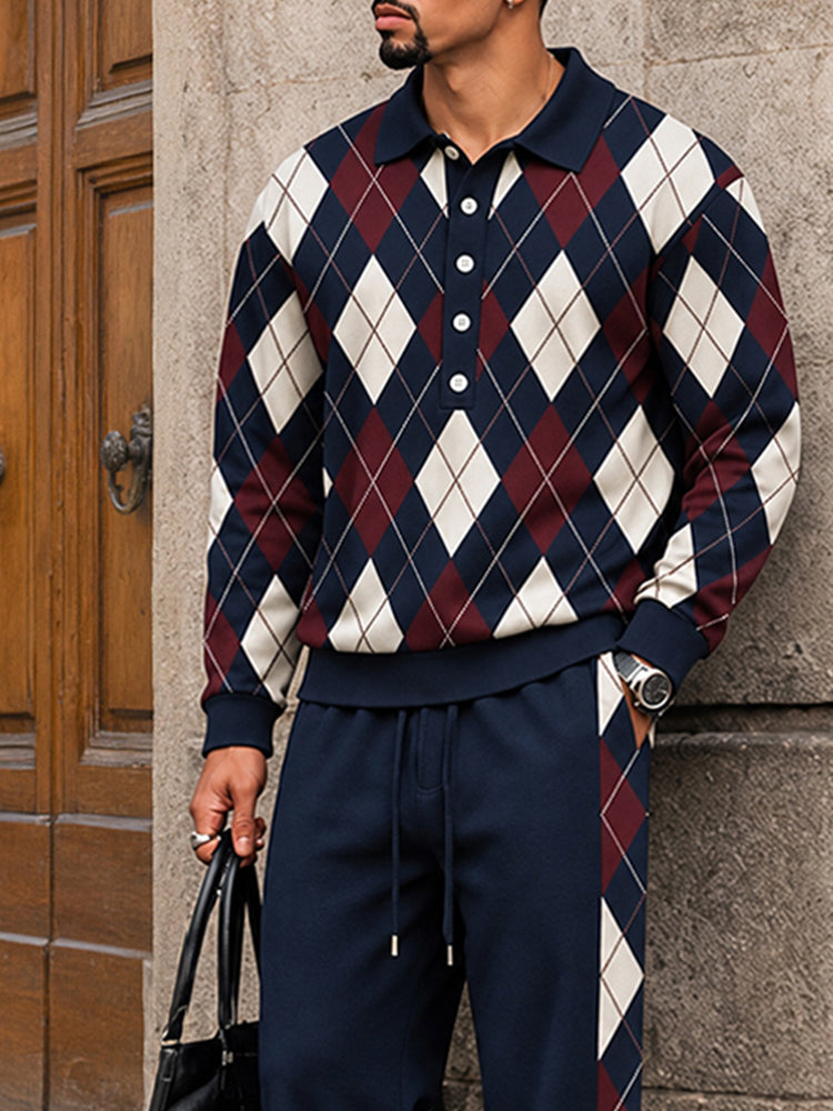 Casual Argyle Polo Sweater and Pants Set