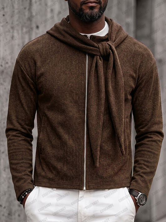 Casual Relaxed Fit Ribbed Zip-Up Hoodie