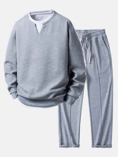 2 In 1 Waffle Notched Collar Sweatshirt & Waffle Pleated Pintuck Straight Leg Pants