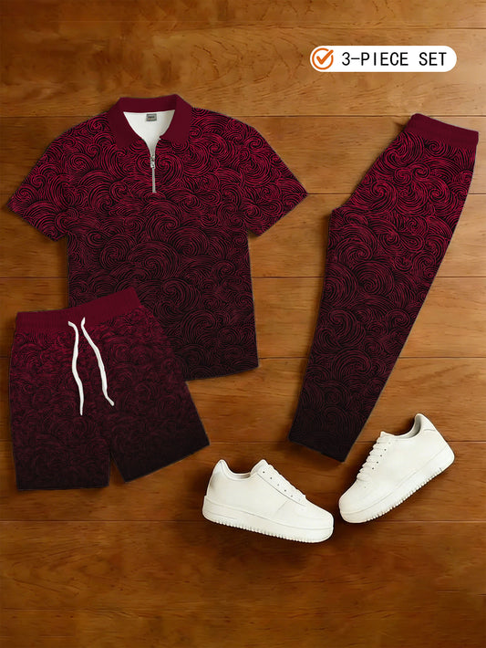 Men's Casual  Matching Vintage Style Checkered Printed Zipper Short Sleeved Polo Shirt & Trousers  & Shorts 3Pcs