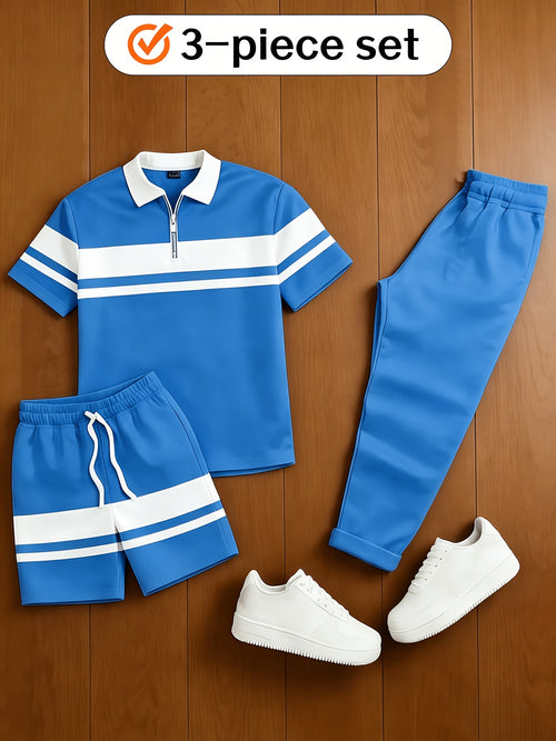 Men's Casual  Matching Vintage Style Checkered Printed Zipper Short Sleeved Polo Shirt & Trousers  & Shorts 3Pcs