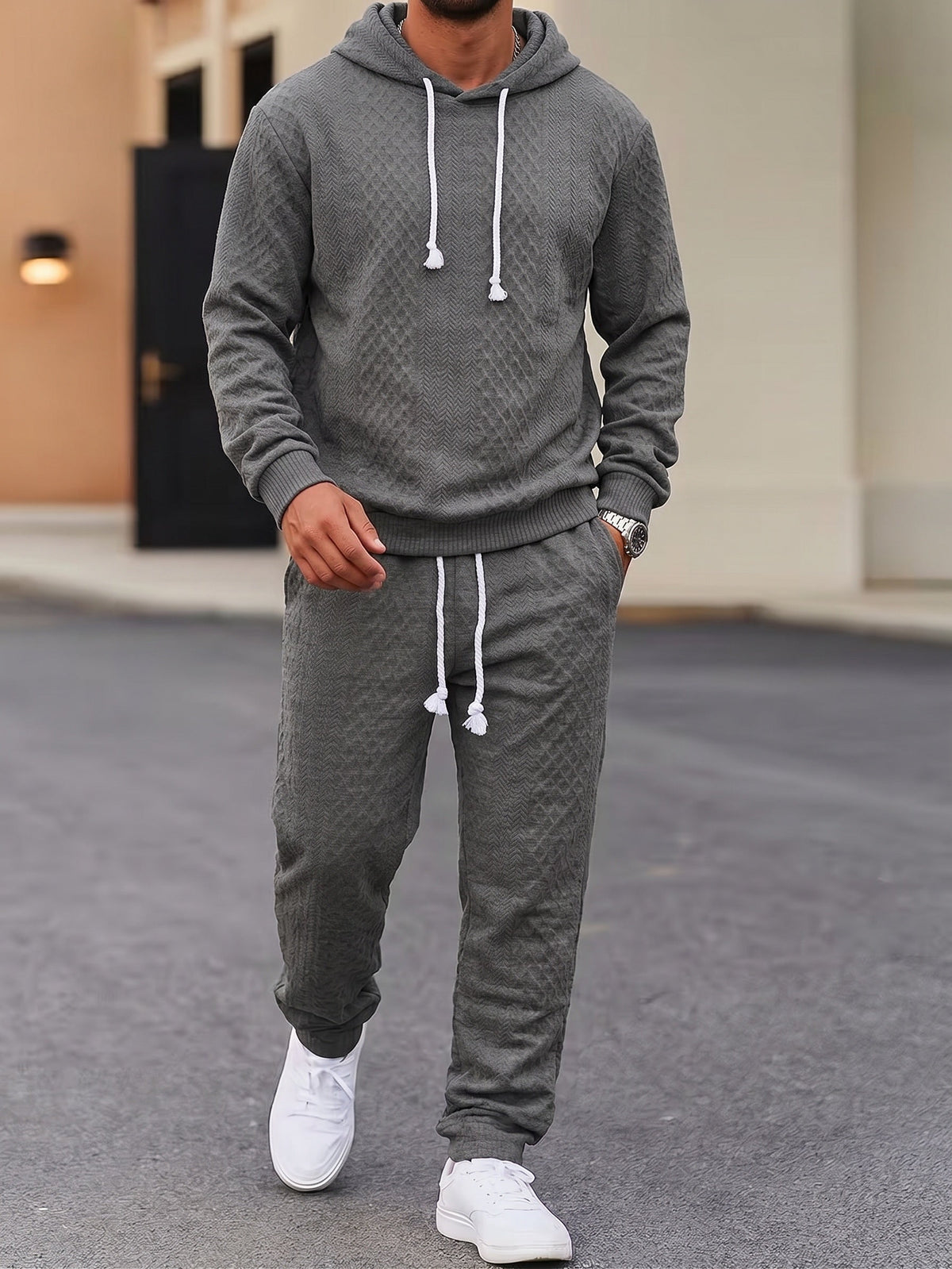 Textured Jacquard Hooded Sweatshirt and Joggers Set