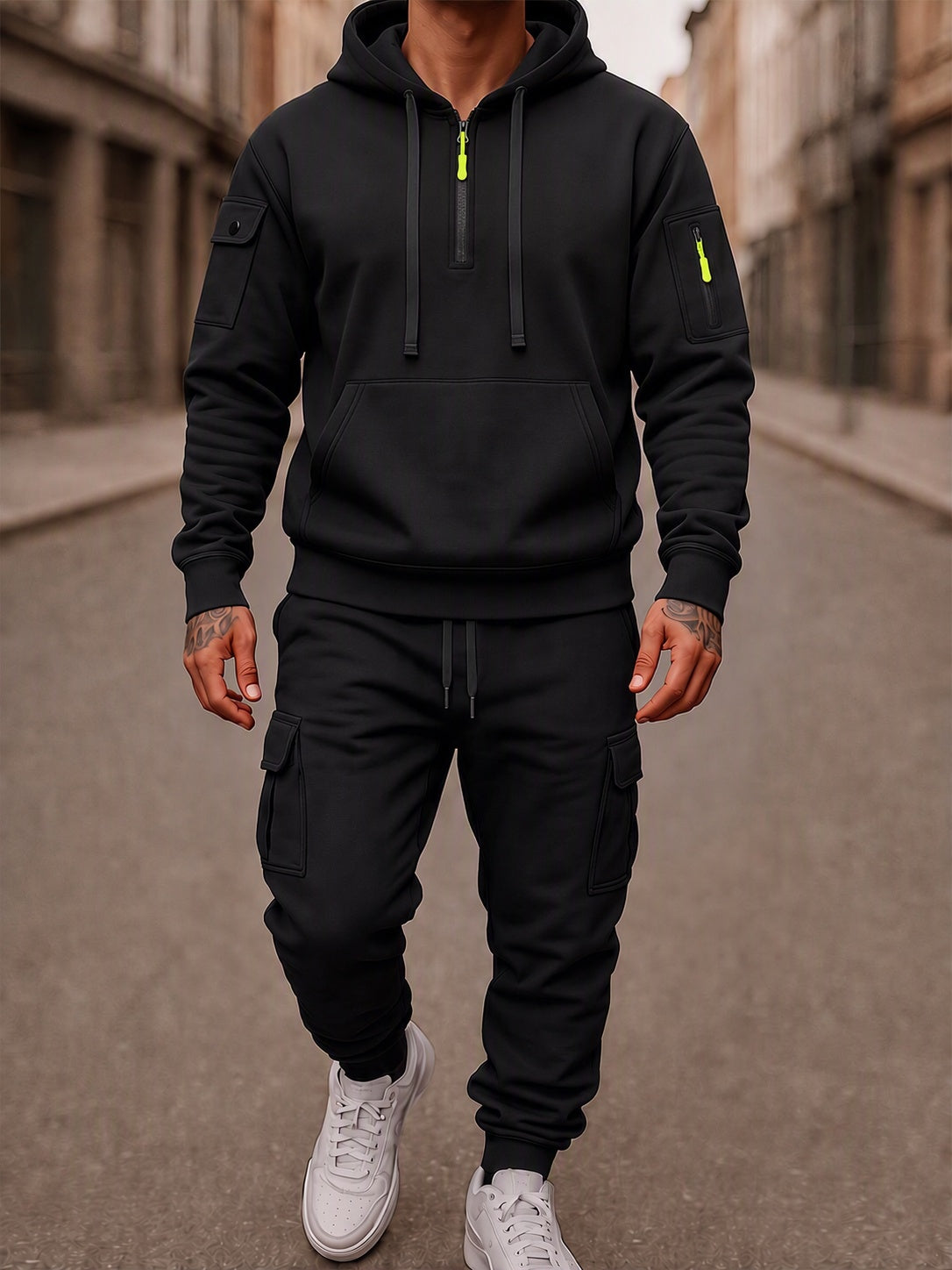 Fleece-Lined Cargo Hooded Tracksuit Set