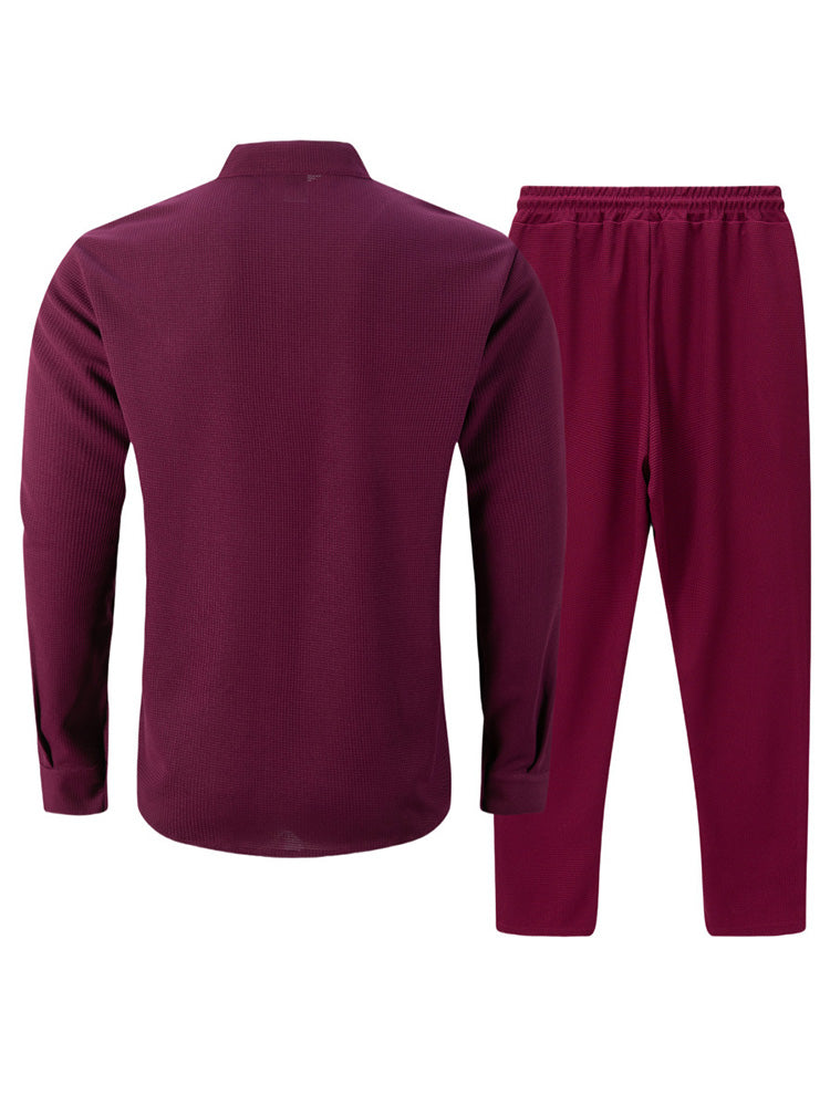 Casual Waffle Knit Mandarin Collar Shirt Set